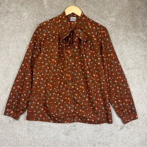 Catalina Vintage Shirt Womens 18 Brown Floral Long Sleeve Button Tie Neck- 3057*